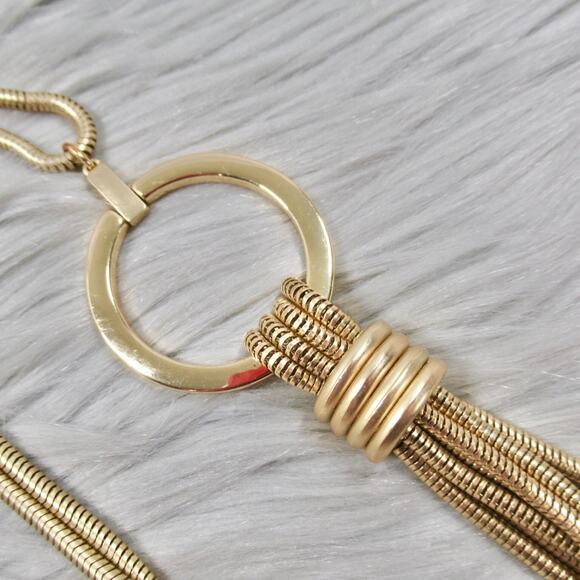 CHICO’S Gabby Pendant Necklace Gold Looped Long Snakechain Tassel - Picture 5 of 9